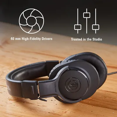 Communicates two distinct technical benefits of the headphones: the high-fidelity audio drivers and professional studio-quality performance, reassuring shoppers of superior sound quality.