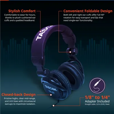 This image breaks down the headphones' key physical features and design elements—comfort, foldability, closed-back construction, and included adapter—to help shoppers understand the product's…