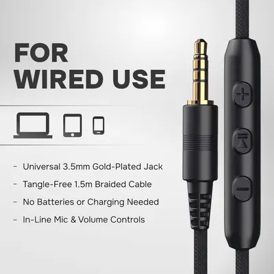 Communicates multiple key benefits of the wired headphone cable in a segmented list format, emphasizing compatibility, convenience, durability, and functionality to reassure shoppers of the…