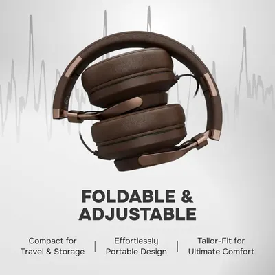 Communicates that the headphones are foldable and adjustable, emphasizing portability, comfort, and travel-friendly design to reassure shoppers of convenience and versatility.