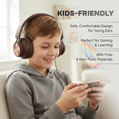 Communicates multiple selling benefits of the headphones designed for children, emphasizing safety, comfort, versatility, and non-toxic materials to reassure parents.