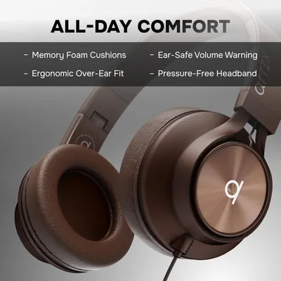 Communicates multiple comfort-focused features of the headphones to reassure shoppers that the product is designed for extended, comfortable use throughout the day.