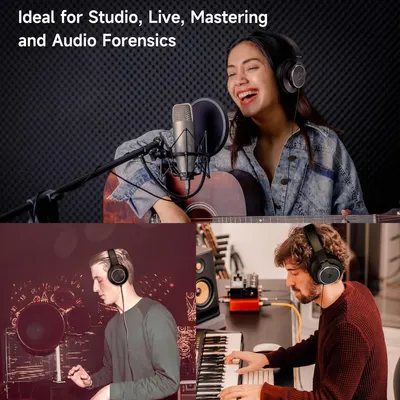 Demonstrates the versatility of the headphones by showing multiple professional audio use cases including vocal recording, live performance, and music production to reassure shoppers the product…