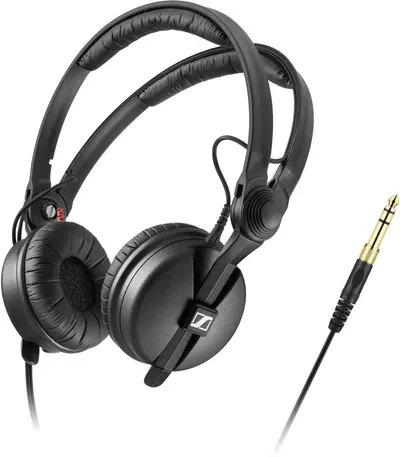 Provides a clean, catalog-style view of the headphones showing the product design, cable, and adapter without distractions.