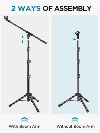 Demonstrates the two different ways the microphone stand can be assembled (with or without boom arm) to help shoppers understand setup flexibility and configuration options.