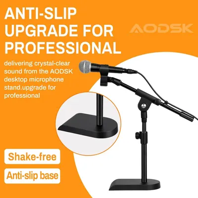 Highlights the anti-slip base feature of the microphone stand to reassure professional users that the stand provides stability and prevents movement during use. Communicates the professional-grade…