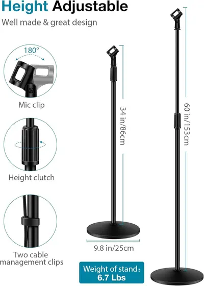 Breaks down the physical components and adjustment mechanisms of the microphone stand to help shoppers understand its construction and functional parts. Showcases multiple distinct benefits…