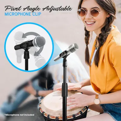 Highlights the adjustable pivot angle feature of the microphone clip, showing shoppers how the clip can be positioned at different angles for optimal microphone placement.