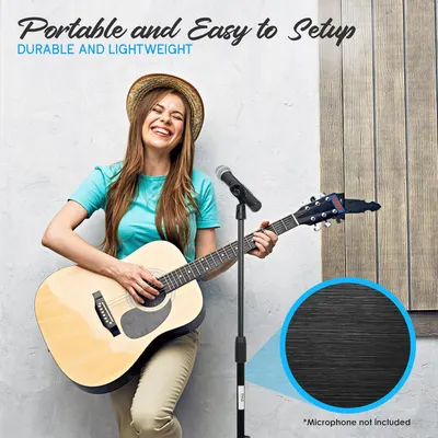 Communicates that the microphone stand is portable, easy to set up, durable, and lightweight, making it ideal for musicians and performers who need a convenient, travel-friendly solution.
