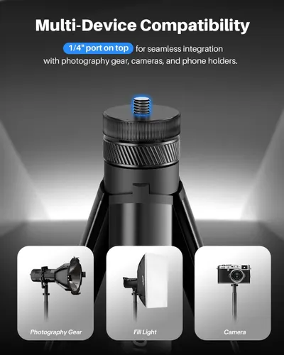 Demonstrates the product's versatility by showing it works with multiple types of photography equipment (photography gear, fill lights, and cameras), reassuring shoppers of broad compatibility.