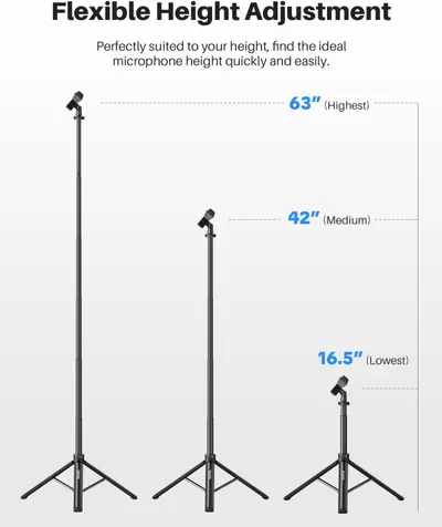 Demonstrates the microphone stand's adjustable height range from 16.5 inches to 63 inches, helping shoppers understand the product's flexibility and suitability for different user heights and…