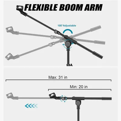 Demonstrates the physical components and adjustability features of the boom arm, showing how the arm can rotate 180 degrees and extend/retract between 20 and 31 inches to help shoppers understand…
