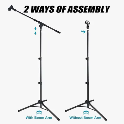 Demonstrates the two different ways the microphone stand can be assembled (with or without boom arm), helping shoppers understand the product's versatility and setup options.