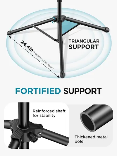 This image breaks down the structural components of the product's base and support system, highlighting the triangular support design, reinforced shaft, and thickened metal pole to communicate…