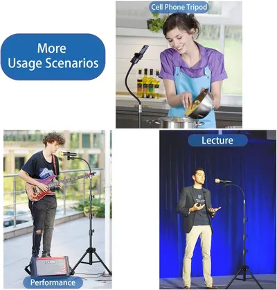 Demonstrates the versatility of the cell phone tripod by showing it can be used in multiple real-world scenarios including cooking, musical performance, and public speaking.