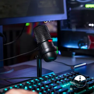 Shows the microphone in its intended real-world gaming environment to help shoppers visualize how it fits into their setup.