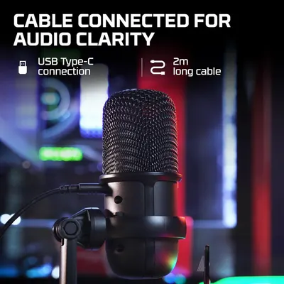 Highlights two distinct technical features of the microphone—the USB Type-C connectivity for audio clarity and the 2-meter cable length—to communicate convenience and quality to potential buyers.