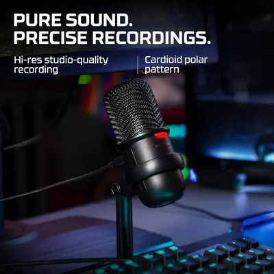 Highlights two distinct technical features of the microphone—high-resolution recording quality and cardioid polar pattern—to communicate professional-grade audio performance to shoppers.