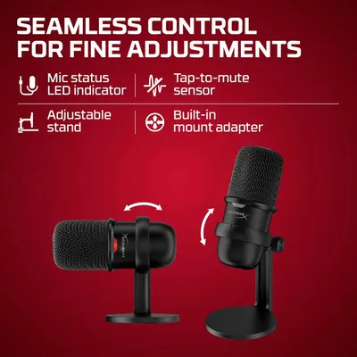 Communicates multiple distinct features of the microphone in a segmented layout, showing shoppers the product's versatility and control options for seamless audio adjustments.