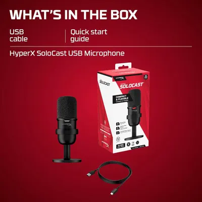 Shows the customer exactly what they will receive in the box: the HyperX SoloCast USB Microphone, USB cable, and quick start guide, providing clarity and setting expectations for the purchase.