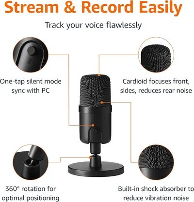 This image breaks down the microphone's key physical components and features to help shoppers understand the product's construction and functional design elements that enable streaming and…
