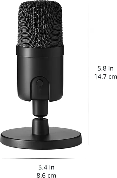 Communicates the exact physical size of the microphone (5.8 inches tall, 3.4 inches wide) to help shoppers understand how much space it will occupy on their desk or workspace.