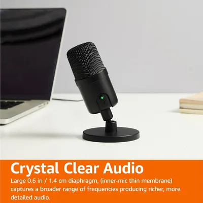 Highlights the microphone's superior audio quality through its large 1.4 cm diaphragm technology, reassuring shoppers that it captures richer, more detailed sound across a broader frequency range.
