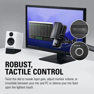 Highlights the physical control features of the microphone, showing the tactile mute button and dial control to reassure shoppers about ease of use and hands-on functionality. Communicates the…