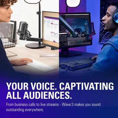 Demonstrates the microphone's versatility across multiple use cases—professional business calls and live streaming/gaming—to show it works for diverse audiences and scenarios.