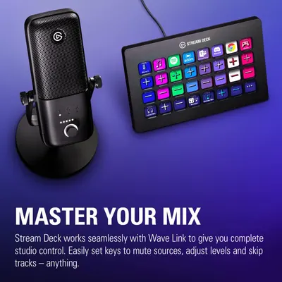 Demonstrates the Stream Deck's compatibility with multiple platforms and applications (Spotify, Zoom, Discord, Chrome, etc.) and its integration with Wave Link microphone for complete studio…