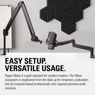Demonstrates the simple setup and versatile positioning of the microphone boom arm system, reassuring content creators that the product is easy to install and adaptable to their workspace needs.…