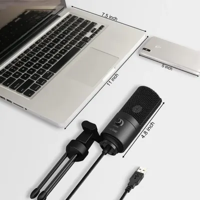 Communicates the exact physical dimensions of the microphone and its components to help shoppers understand the product's size and ensure it fits their workspace or setup needs.
