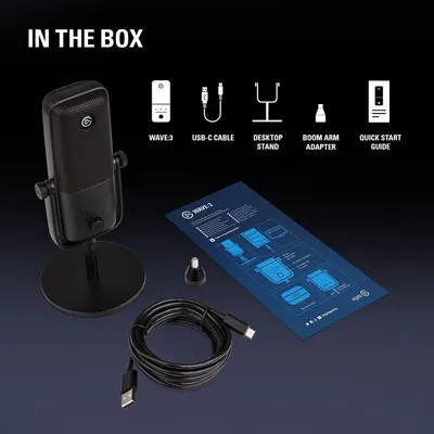 Shows the customer everything included in the package: the Wave:3 microphone, desktop stand, USB-C cable, boom arm adapter, and quick start guide, providing clarity on the full value of the purchase.