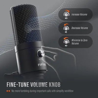 Highlights the physical volume knob control on the microphone, showing its three adjustment modes (increase, decrease, minimize to zero) to reassure users of precise, easy volume control during…