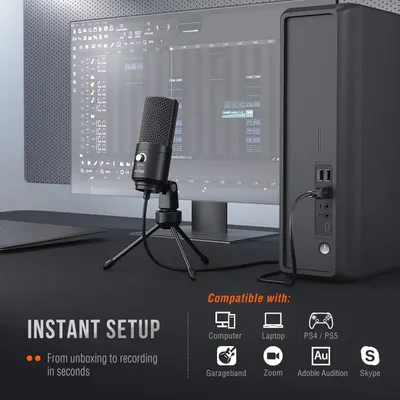 Demonstrates the microphone's broad compatibility across multiple devices and software platforms (Computer, Laptop, PS4/PS5, Garageband, Zoom, Adobe Audition, Skype) while emphasizing instant setup…