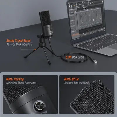 Highlights multiple distinct features and benefits of the microphone including its stable tripod stand that absorbs vibrations, long USB cable for connectivity, metal housing for durability, and…