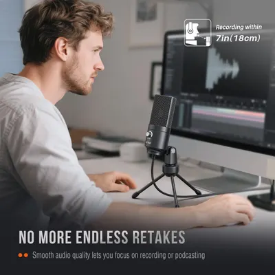 Communicates that the microphone can record clearly from close range (7 inches/18cm), eliminating the need for endless retakes and ensuring smooth audio quality for recording or podcasting.