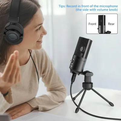 Instructs users on the correct way to position themselves in front of the microphone for optimal recording quality, specifically identifying which side has the volume knob and should face the user.…