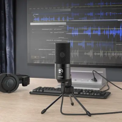 Demonstrates the microphone in a real-world professional audio recording environment to help shoppers visualize the product in use.