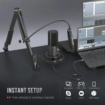 Demonstrates the microphone's versatility by showing it works across multiple devices and platforms (Computer, PS4/PS5, Smartphone, Skype, Zoom, OBS Studio), reassuring shoppers of broad…