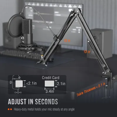 Communicates the physical dimensions of the microphone boom arm (10 in, 13 in, 2.1 in) and table clamp compatibility (fits tables under 2.1 inches thick) to help shoppers understand if it will fit…