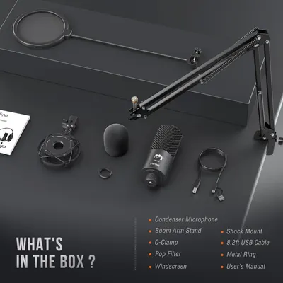 Shows all the components included in the package to reassure shoppers they're getting a complete, ready-to-use microphone setup with all necessary accessories.