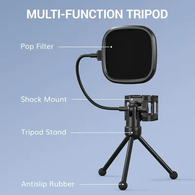 This image breaks down the multi-function tripod by labeling its key physical components (pop filter, shock mount, tripod stand, antislip rubber) to help shoppers understand what parts are included…