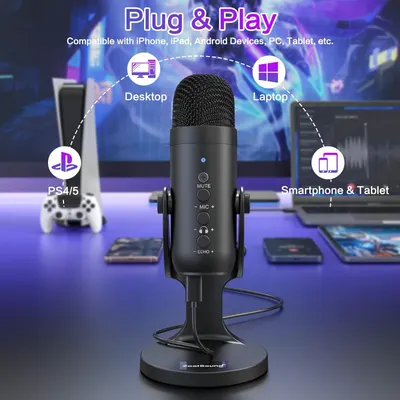 Demonstrates the microphone's versatility by showing it works with multiple device types including desktop, laptop, PS4/5, and smartphones/tablets, reassuring shoppers of broad compatibility.