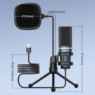 Communicates the exact physical measurements of the microphone setup, pop filter, cable length, and tripod base to help shoppers understand the product's size and footprint.
