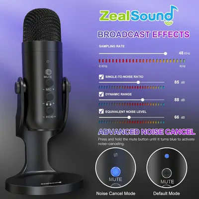 Communicates the microphone's professional-grade technical specifications and advanced noise cancellation feature to demonstrate its broadcast-quality performance and versatility.