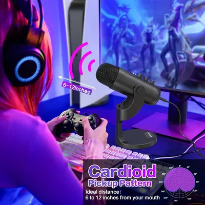Communicates the microphone's cardioid pickup pattern and ideal usage distance (6-12 inches) to help gamers and streamers understand proper positioning for optimal audio capture.