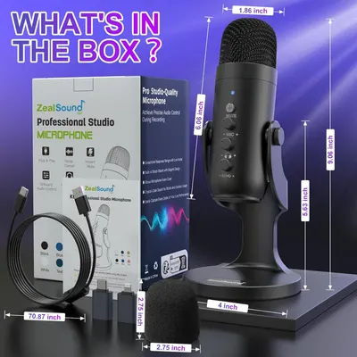 Shows everything included in the package to help shoppers understand the complete value and contents they will receive with their purchase. Provides exact measurements of the microphone and…
