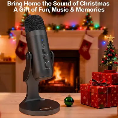 Positions the microphone as a perfect Christmas gift by showcasing it in a festive holiday setting with Christmas decorations, gifts, and seasonal messaging to drive holiday purchase intent. Shows…