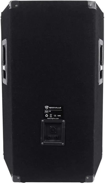 Shows the back of the speaker with handles, connection ports, and branding to give shoppers a complete view of the product's physical design and connectivity options.